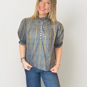 Victoria Dunn Cotton Lined block print top blouse cottage core lightweight sz XS